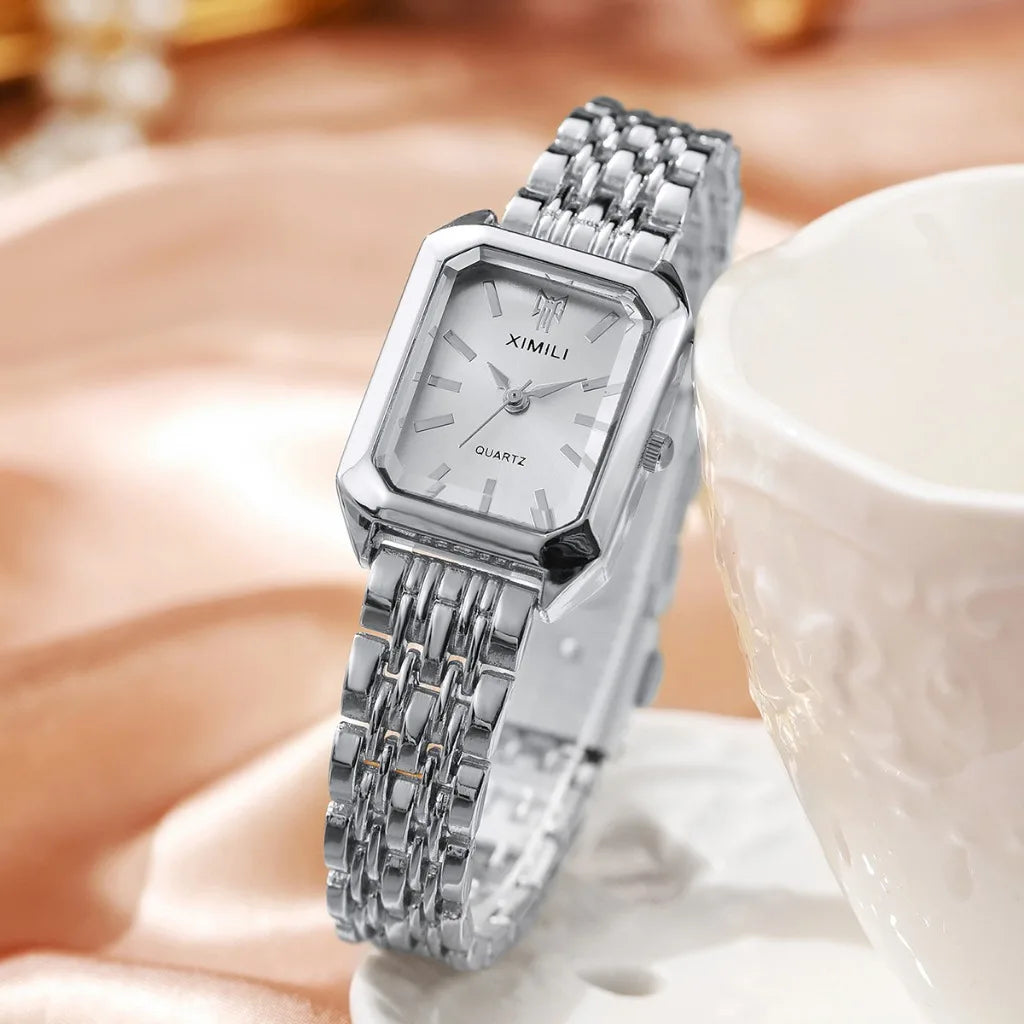 Fashion Rectangle Women's Quartz Watch & Jewelry Set – 6PCS Steel Band Wristwatch