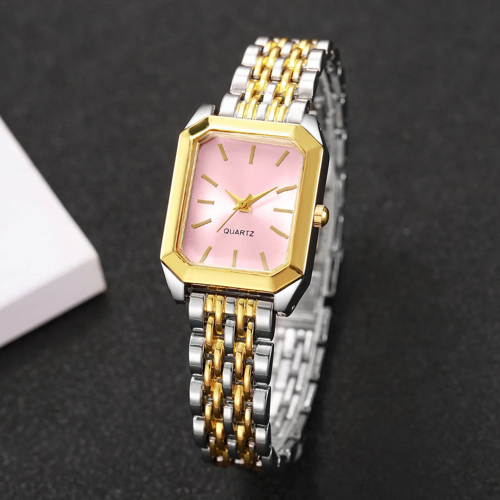 Fashion Rectangle Women's Quartz Watch Set – Casual Alloy Strap Ladies Wristwatch 2PCS