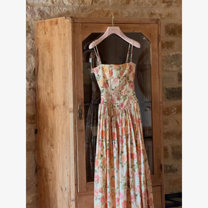 Women's Printed Gathered Swing Midi Dress - Spaghetti Strap High Waist