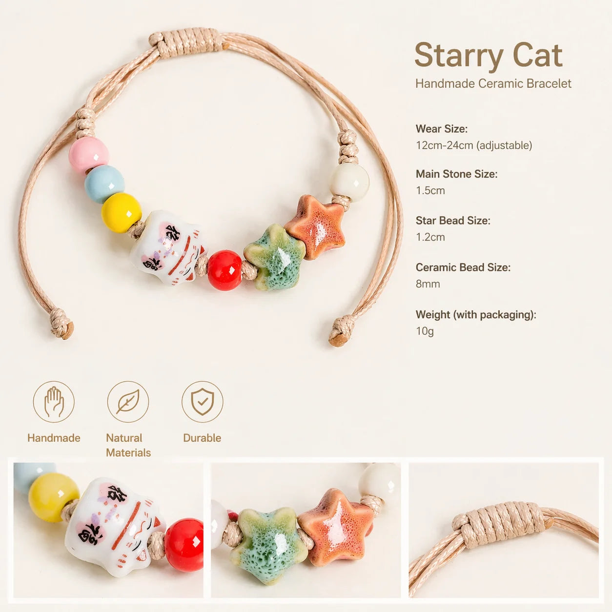 Handmade Ceramic Star Cat Bracelet – Adjustable Multicolor Cord Jewelry for Women