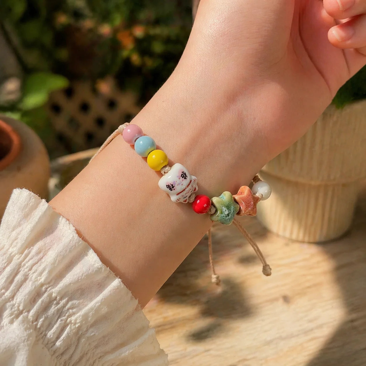 Handmade Ceramic Star Cat Bracelet – Adjustable Multicolor Cord Jewelry for Women