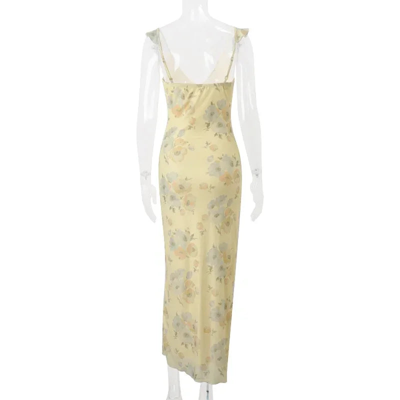 Women's Retro V-Neck Yellow Flower Print Maxi Dress - Sleeveless High Waist Long Dress