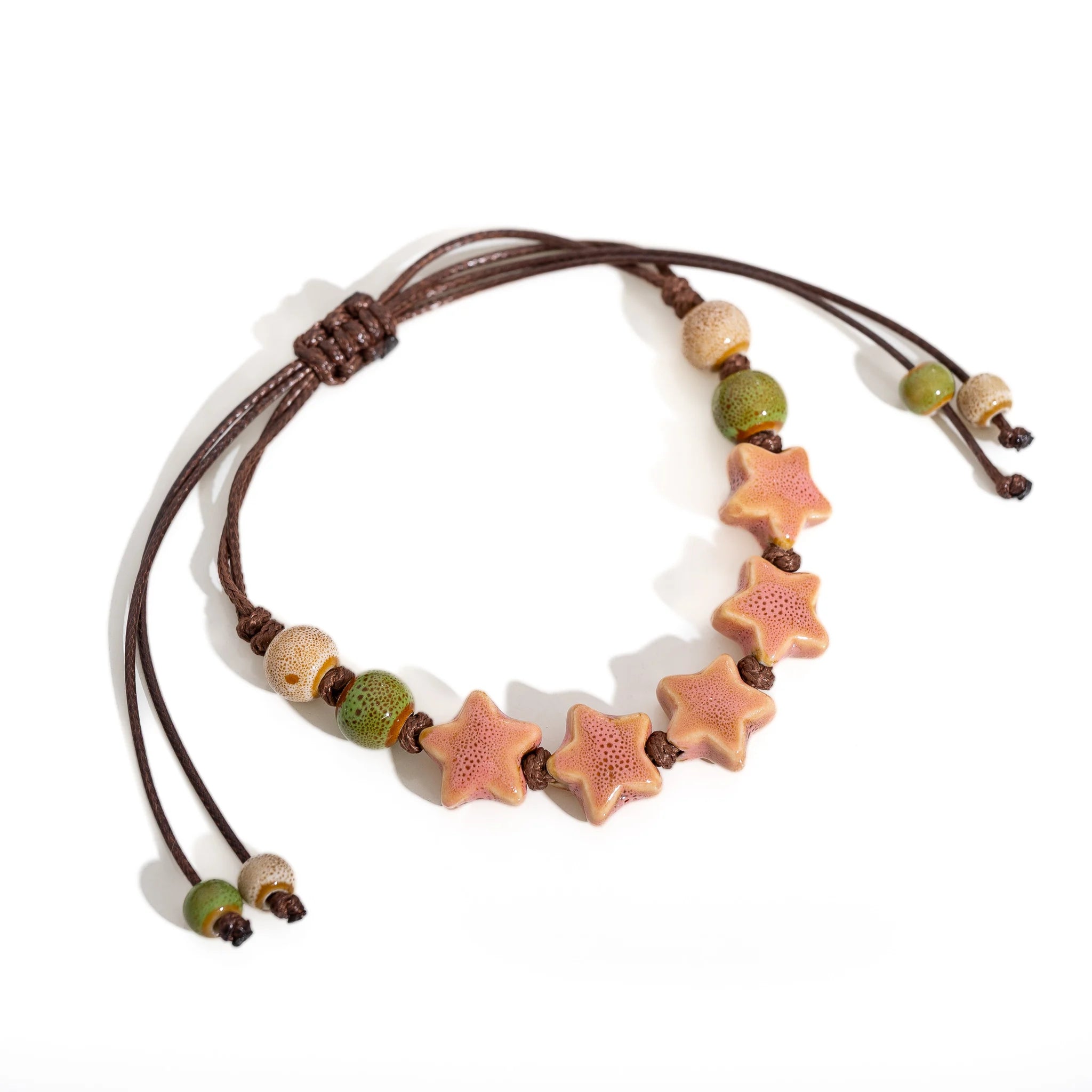 Handmade Pentagram Ceramic Bead Bracelet – Adjustable Wax Cord Jewelry for Women & Couples