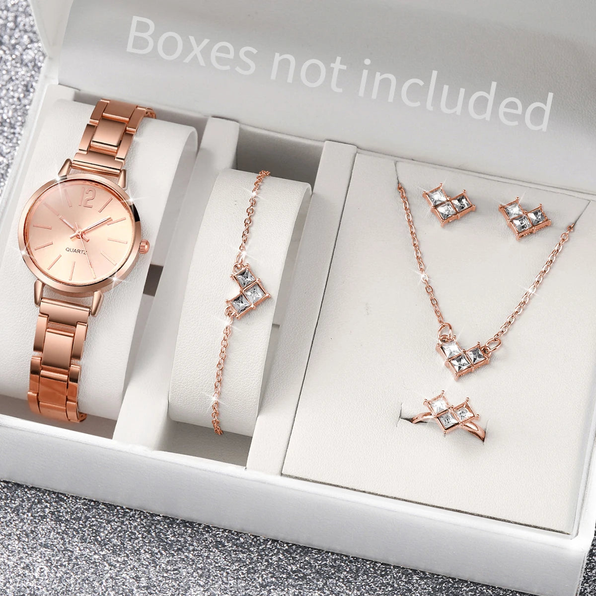 Women's Stainless Steel Quartz Watch & Diamond Jewelry Set – 6PCS Fashion Wristwatch