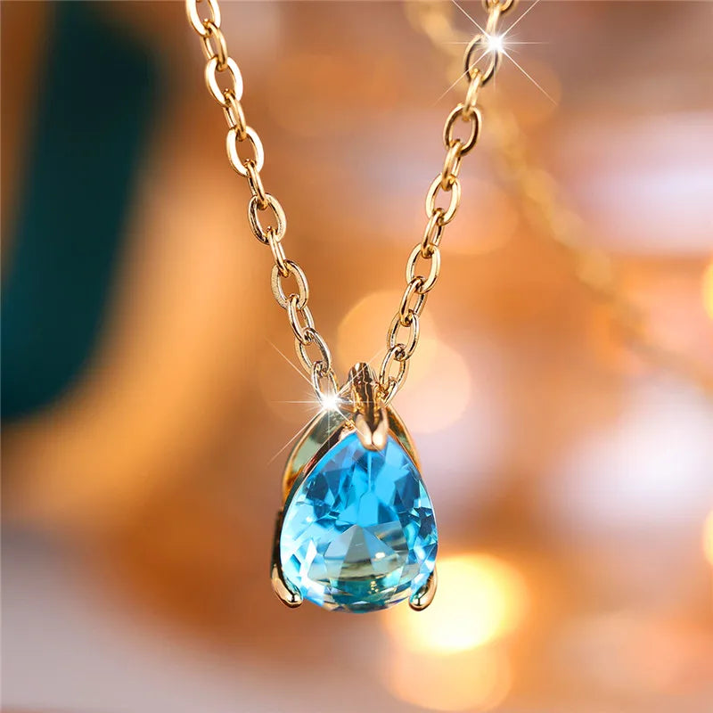 Luxury Blue Water Drop Stone Pendant Necklace for Women,