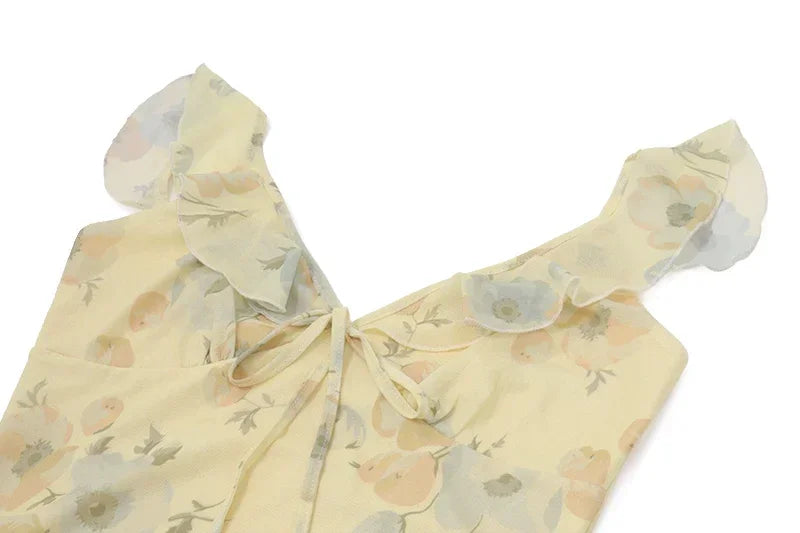 Women's Retro V-Neck Yellow Flower Print Maxi Dress - Sleeveless High Waist Long Dress