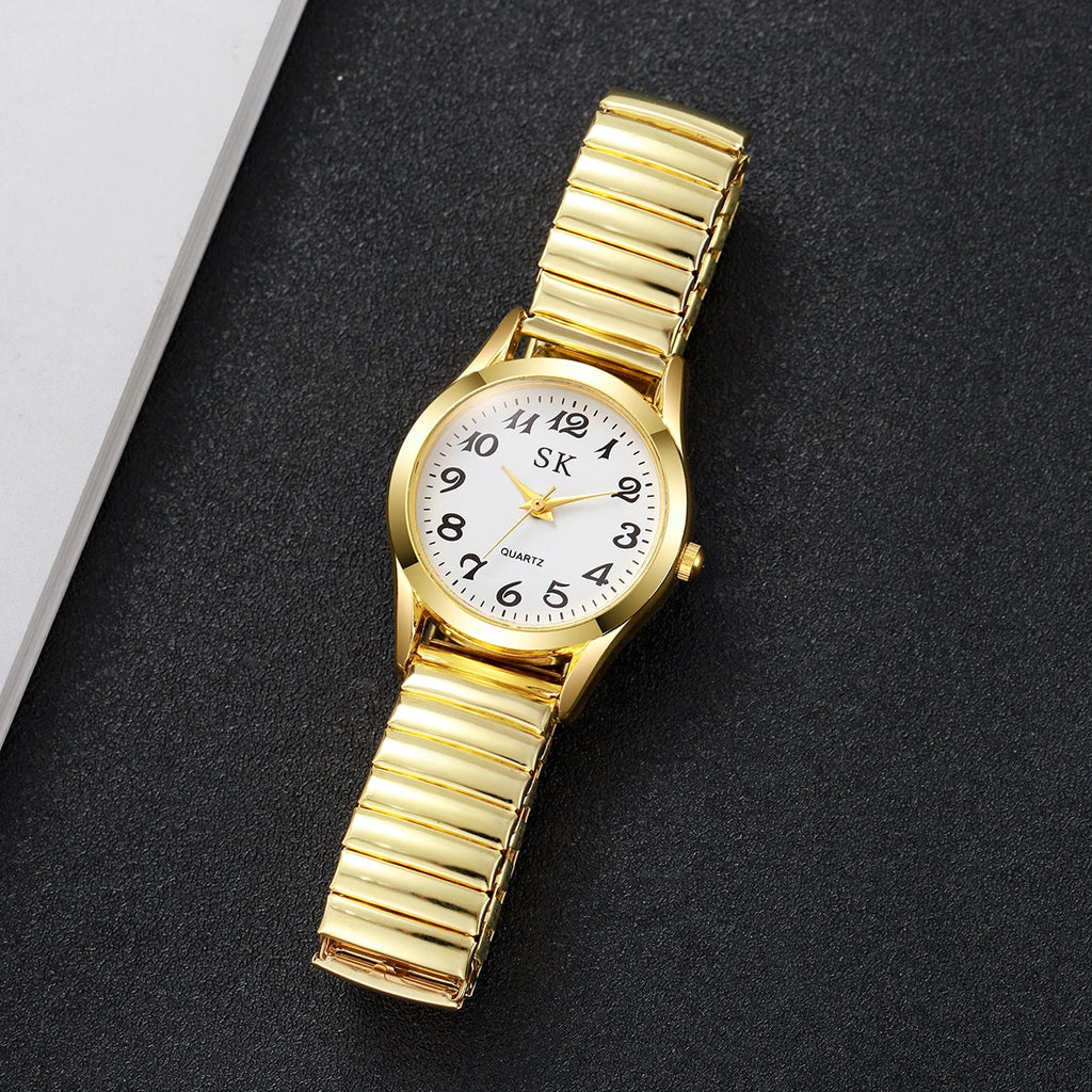 Elegant Elastic Strap Women's Quartz Watch – Small Arabic Dial Ladies Wristwatch Set