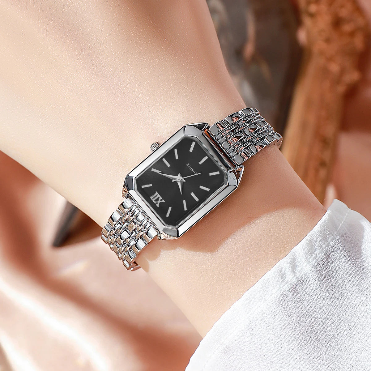 Elegant Rectangle Women's Quartz Watch & Rhinestone Heart Jewelry Set – 6PCS Ladies Wristwatch