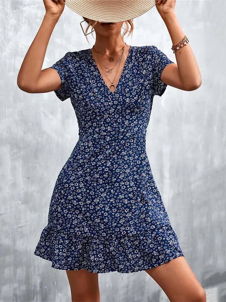 Boho Floral Print V-Neck Mini Dress
