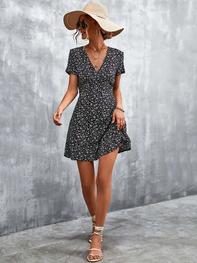 Boho Floral Print V-Neck Mini Dress