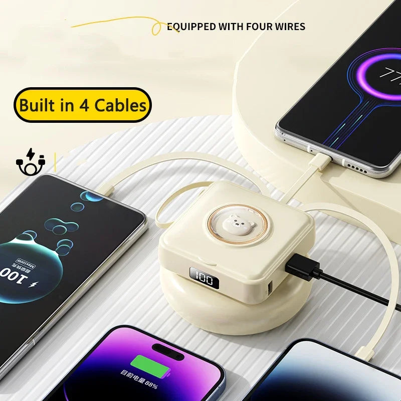 Mini Power Bank 20000mAh – Built-in 4 Cables, Makeup Mirror & Cute Pet Cartoon Design