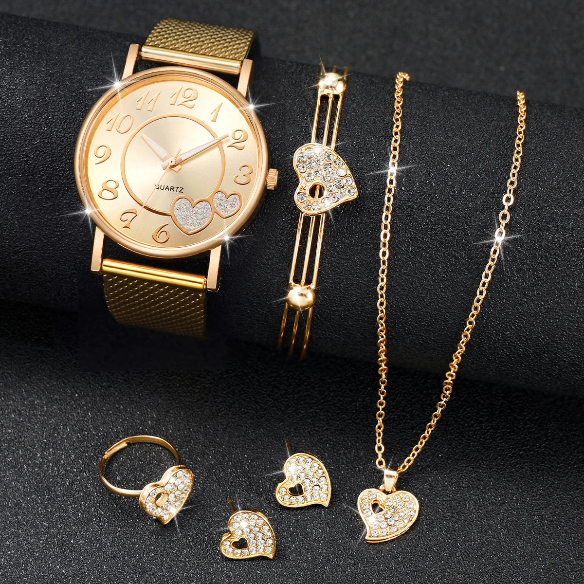 Fashion Heart Women's Quartz Watch & Butterfly Jewelry Set – 3/6PCS Golden Plastic Band Wristwatch