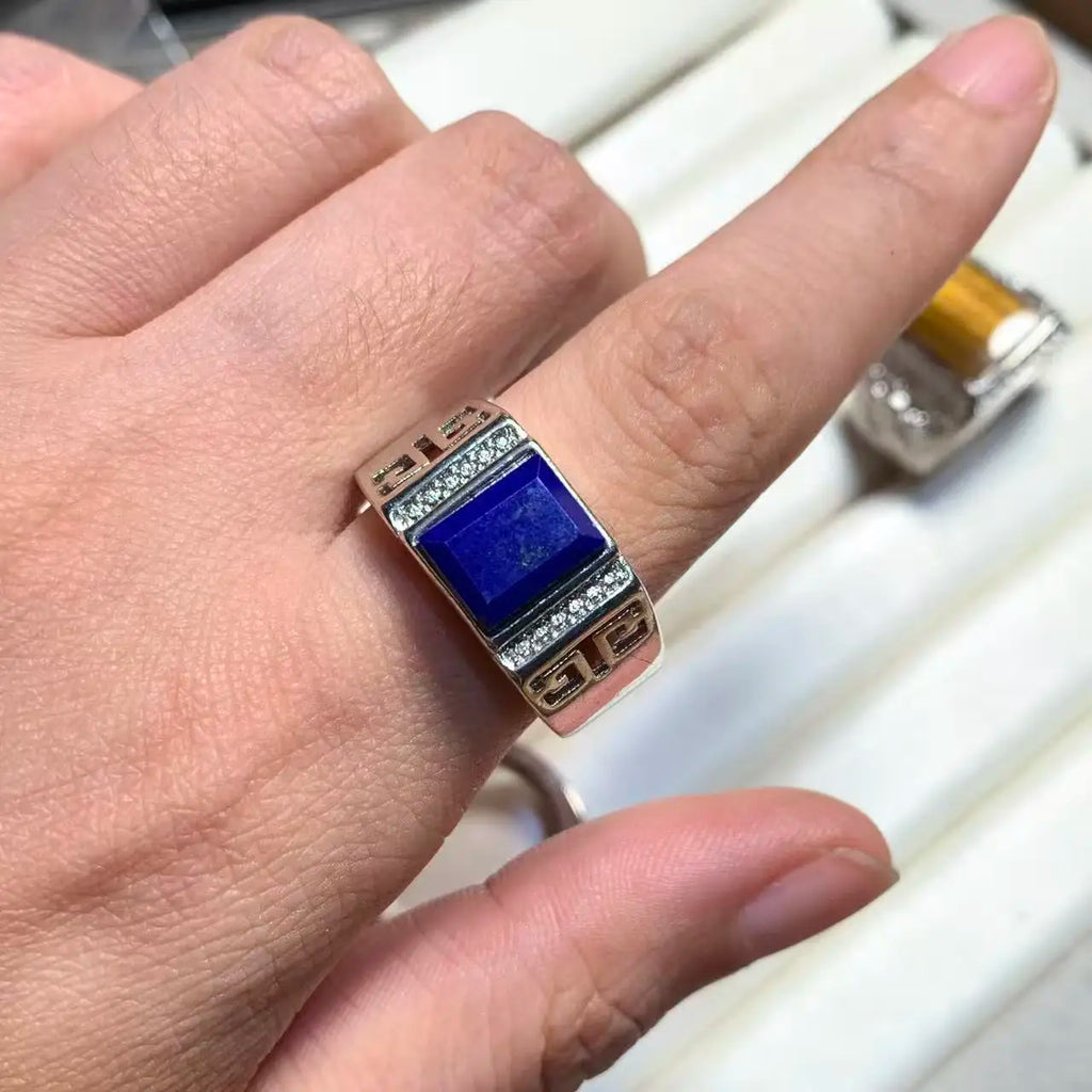 Natural Lapis & Tiger's Eye Ring – Adjustable Vintage Gemstone Ring for Men & Women