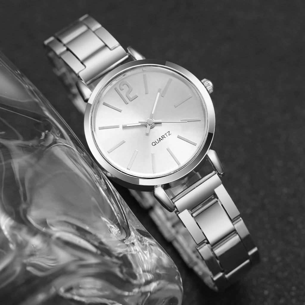 Women's Gold Steel Band Quartz Watch & Cuff Bracelet Set – 2PCS Fashion Wristwatch