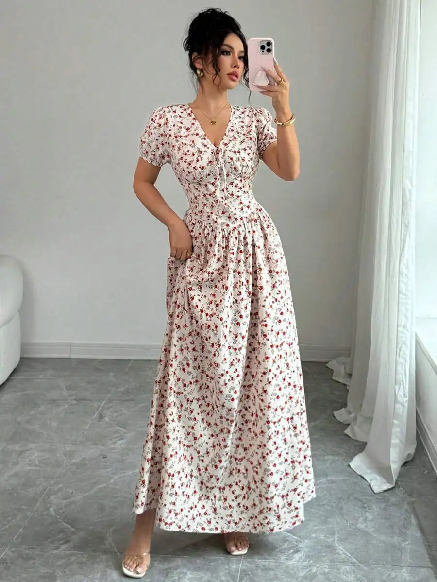 Women's Ditsy Floral Maxi Dress - Puff Sleeve Elastic Waist