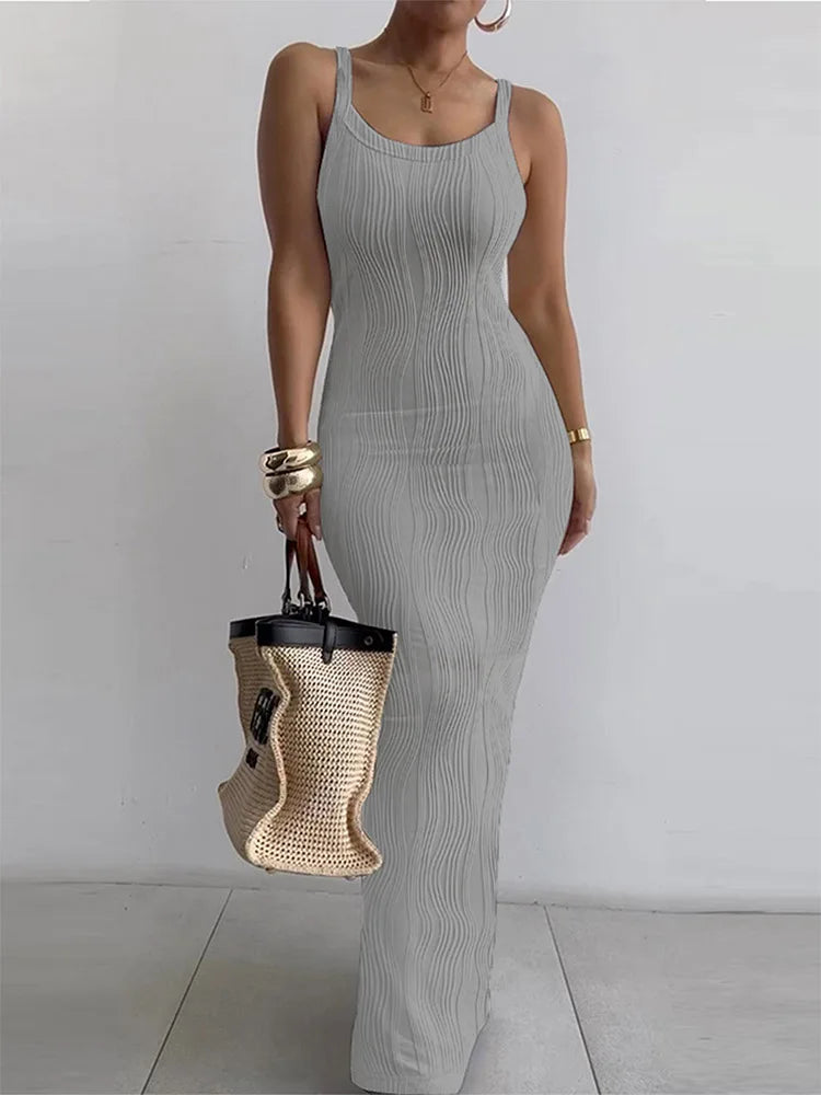 White Sleeveless V-Neck Fitted Maxi Dress