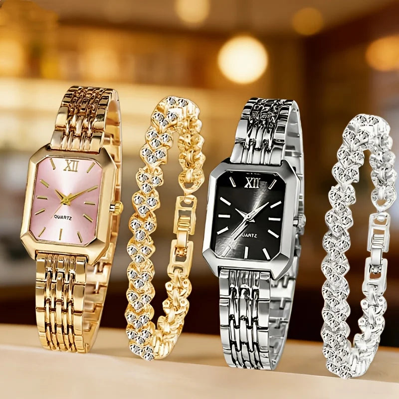 Elegant Rectangle Women's Quartz Watch & Heart Bracelet Set – 4PCS Ladies Wristwatch