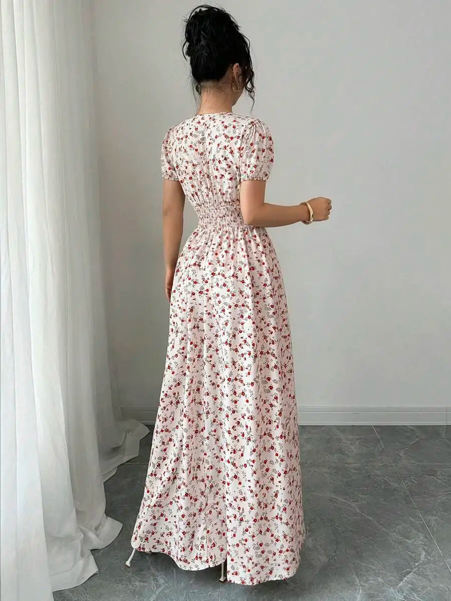 Women's Ditsy Floral Maxi Dress - Puff Sleeve Elastic Waist