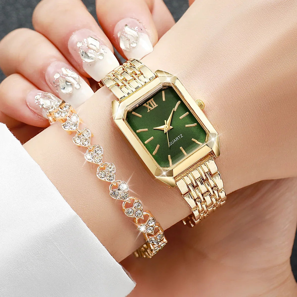 Elegant Rectangle Women's Quartz Watch & Heart Bracelet Set – 4PCS Ladies Wristwatch