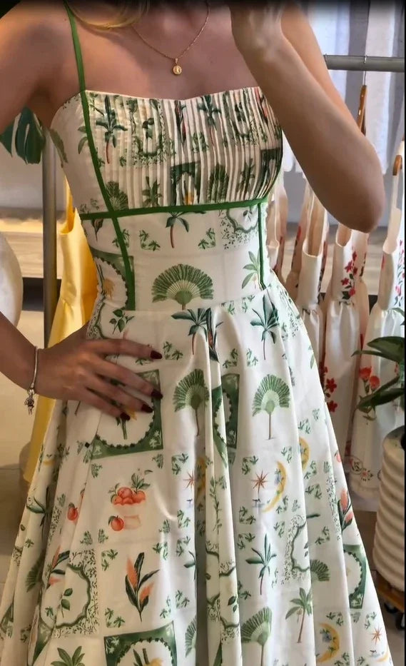 Women's Printed Gathered Swing Midi Dress - Spaghetti Strap High Waist