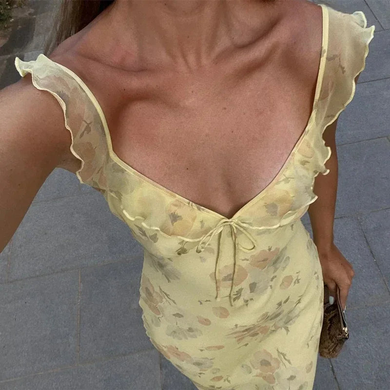 Women's Retro V-Neck Yellow Flower Print Maxi Dress - Sleeveless High Waist Long Dress