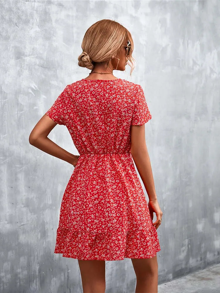 Boho Floral Print V-Neck Mini Dress
