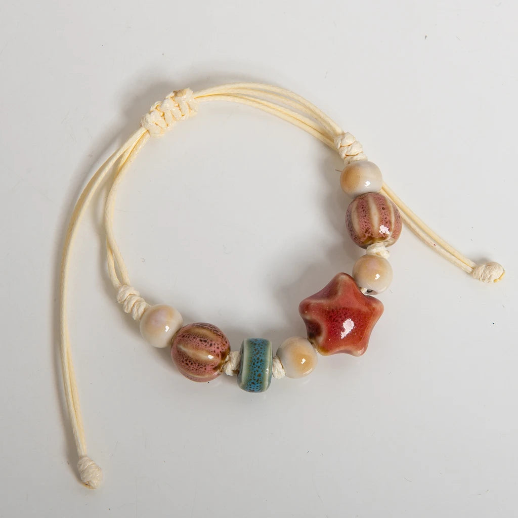 Handmade Ceramic Peach Star & Melon Bead Bracelet – Adjustable Multicolor Wax Cord Boho Jewelry