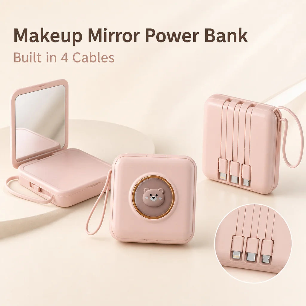 Mini Power Bank 20000mAh – Built-in 4 Cables, Makeup Mirror & Cute Pet Cartoon Design