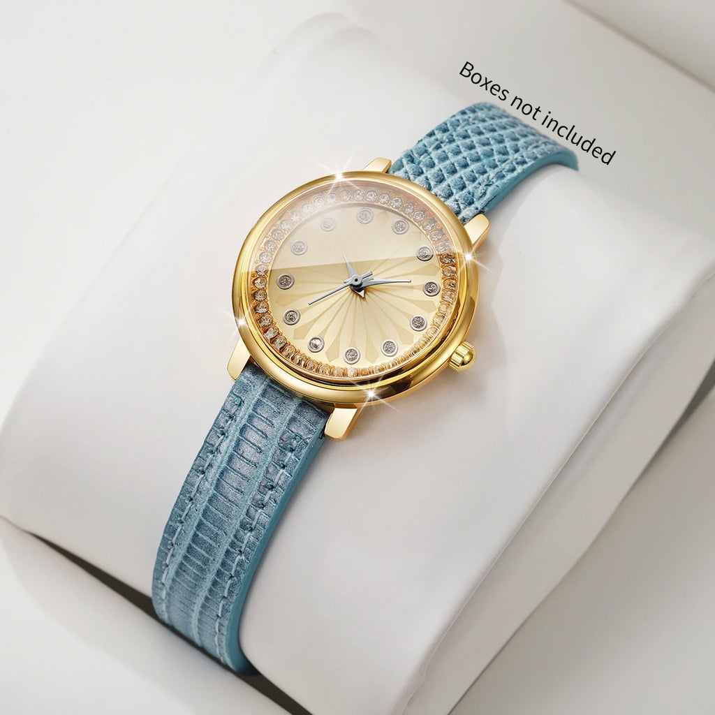 Elegant Women's Rhinestone Quartz Watch – Blue Leather Strap Ladies Wristwatch