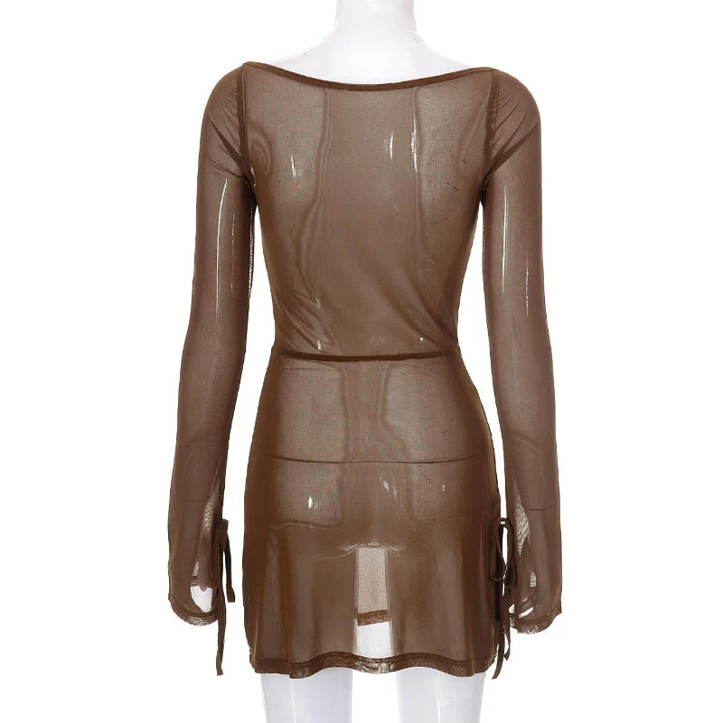 Square Collar Sheer Long Sleeve Mini Dress