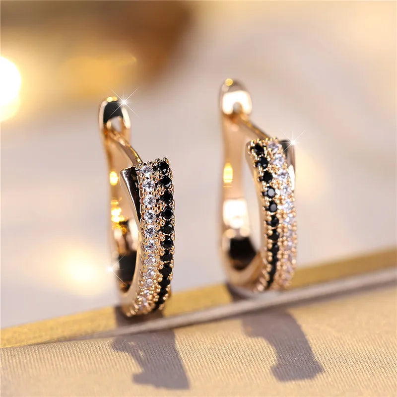 Black & White Zircon Clip Earrings – Gold Tone Wedding Jewelry for Women