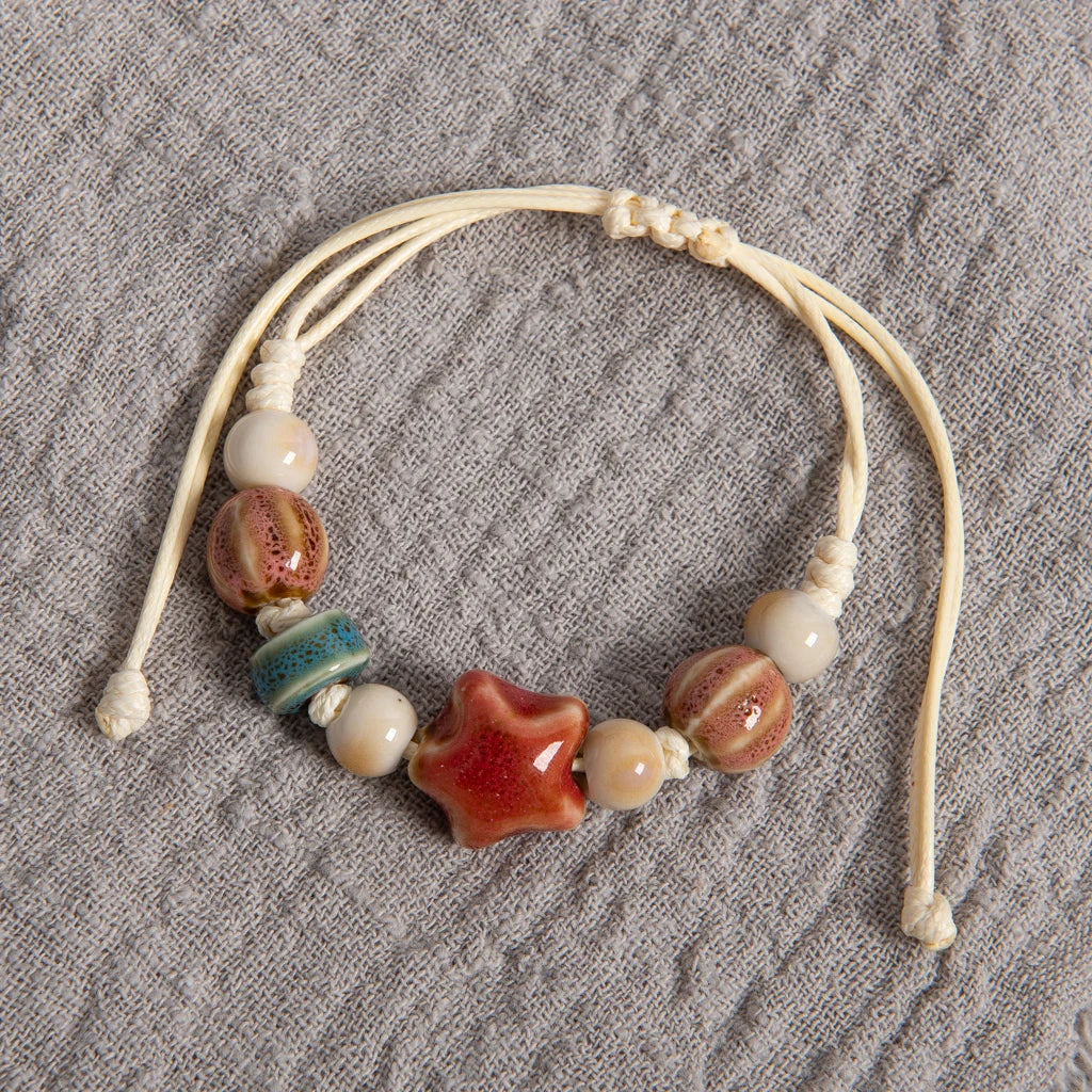 Handmade Ceramic Peach Star & Melon Bead Bracelet – Adjustable Multicolor Wax Cord Boho Jewelry