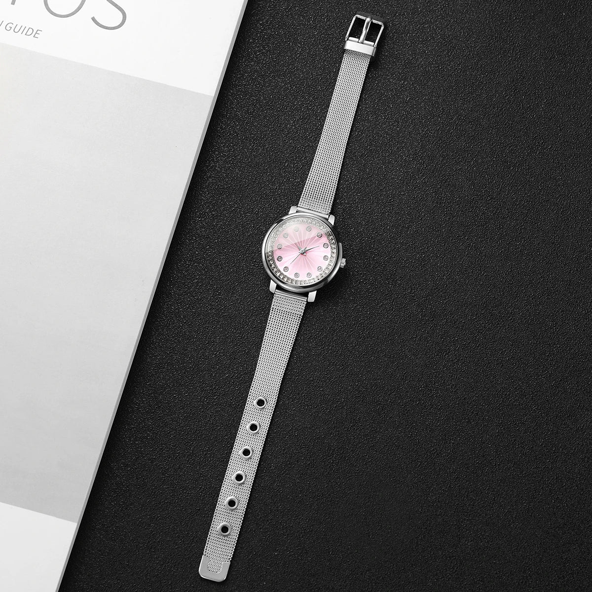 Elegant Women's Rhinestone Quartz Watch – Silver Mesh Strap Dress Wristwatch