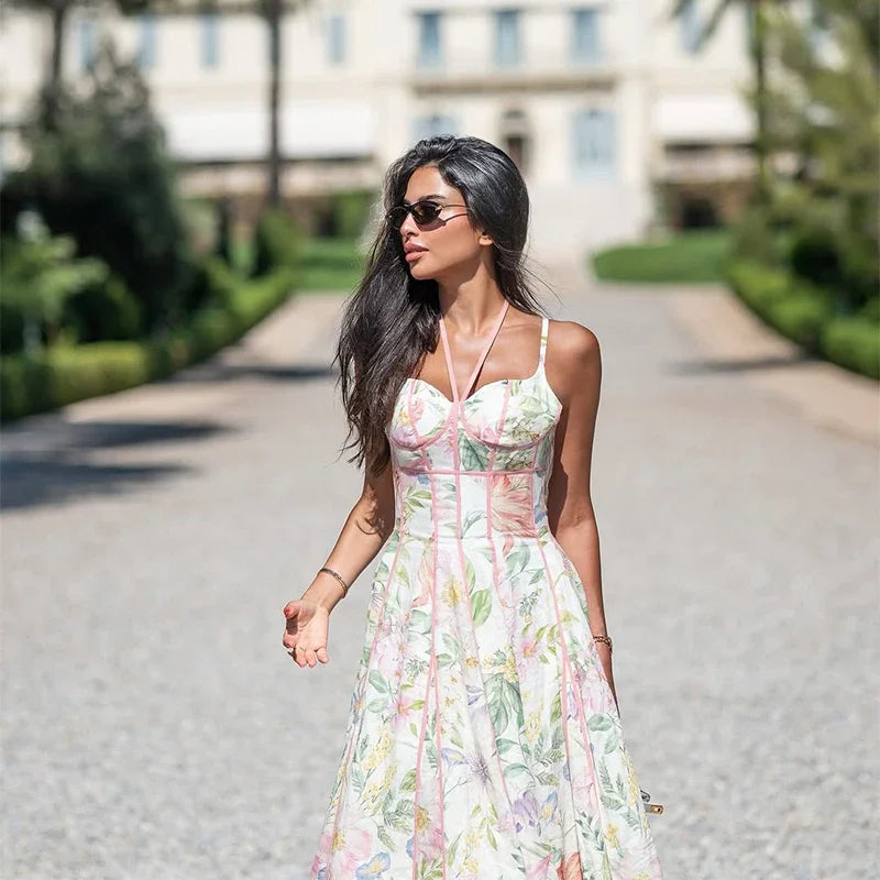 Women's Printed Sleeveless Sling Halter Maxi Dress - Waist Cinching A-line Style