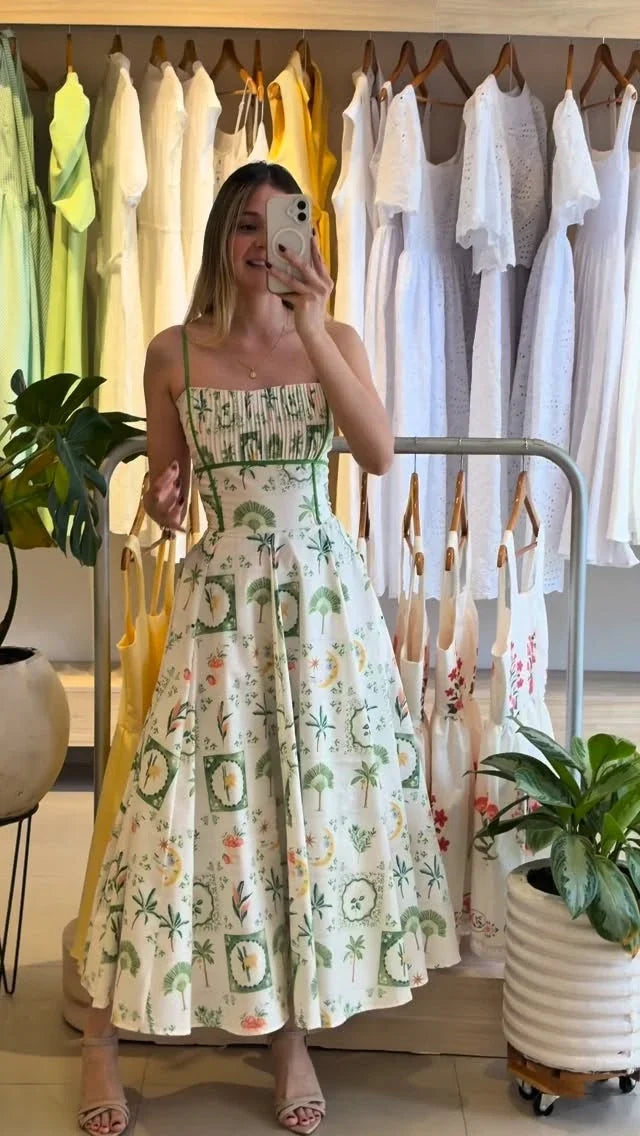 Women's Printed Gathered Swing Midi Dress - Spaghetti Strap High Waist