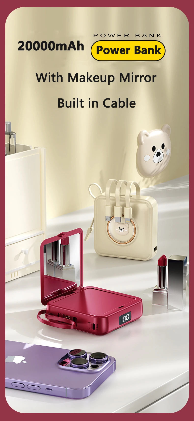 Mini Power Bank 20000mAh – Built-in 4 Cables, Makeup Mirror & Cute Pet Cartoon Design