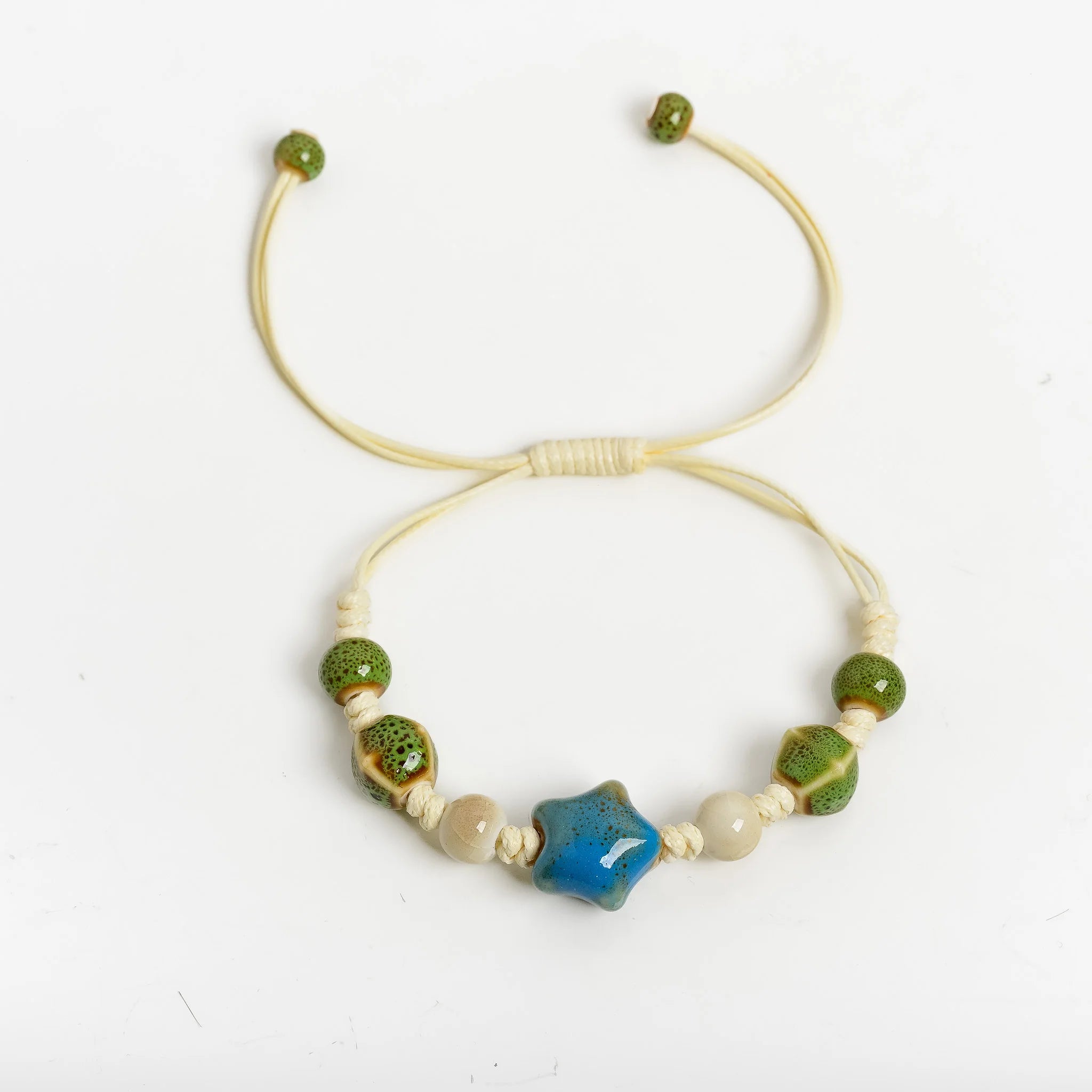Handmade Ceramic Star Bracelet – Adjustable Braided Wax Cord Blue Charm Jewelry for Women