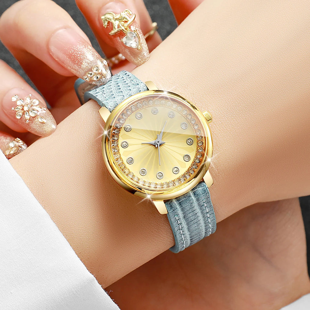 Elegant Women's Rhinestone Quartz Watch – Blue Leather Strap Ladies Wristwatch