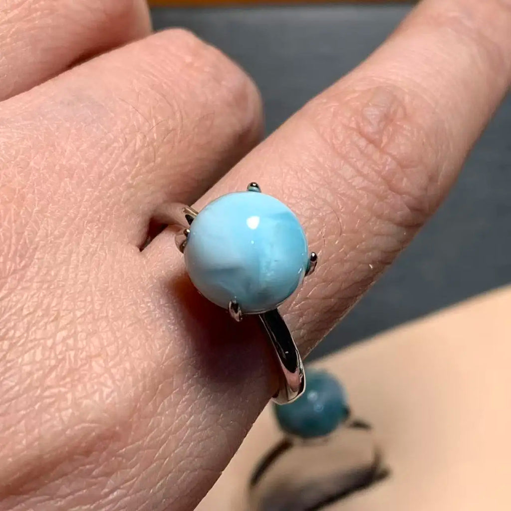 Natural Larimar Heart Ring – Adjustable Vintage Gemstone Ring for Women