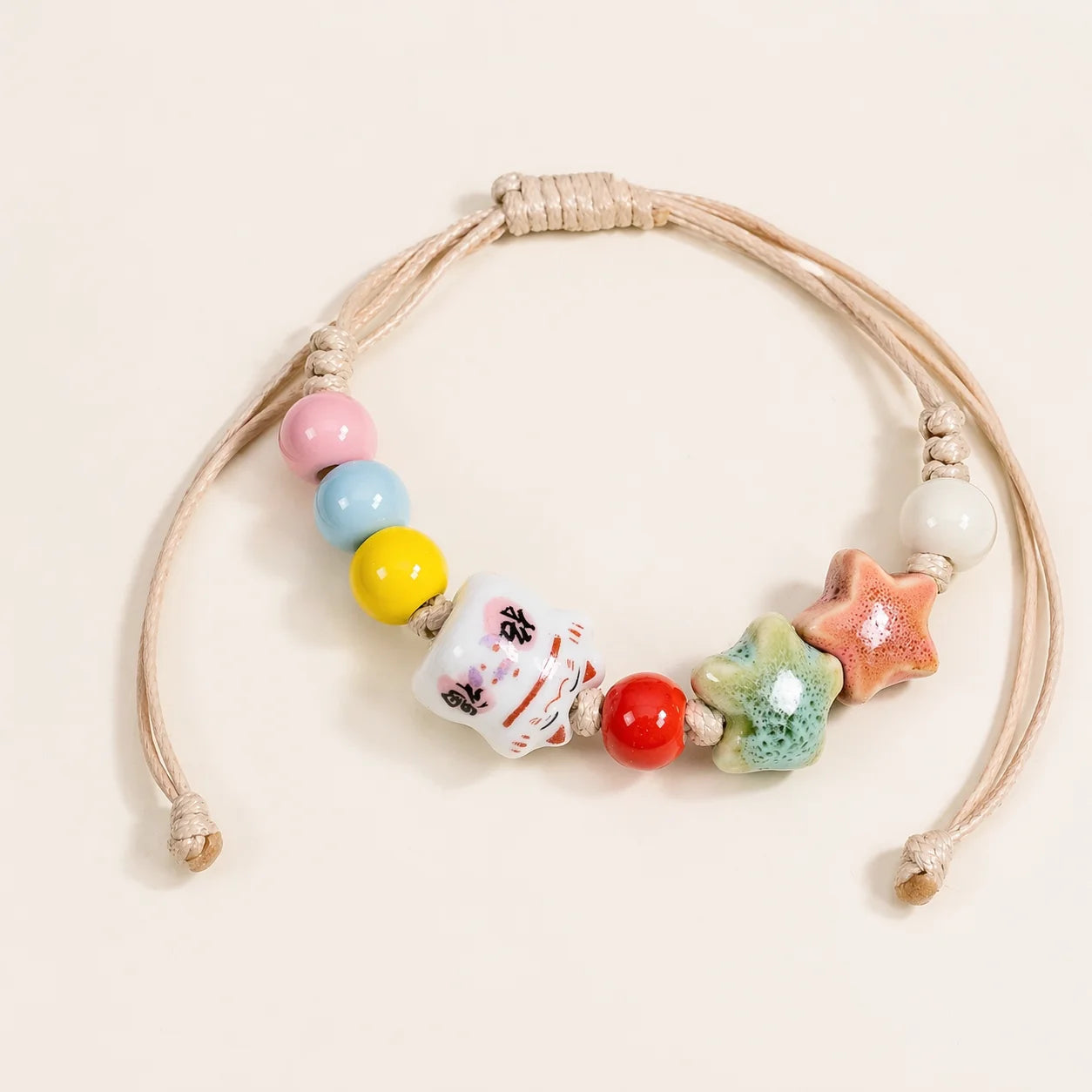 Handmade Ceramic Star Cat Bracelet – Adjustable Multicolor Cord Jewelry for Women
