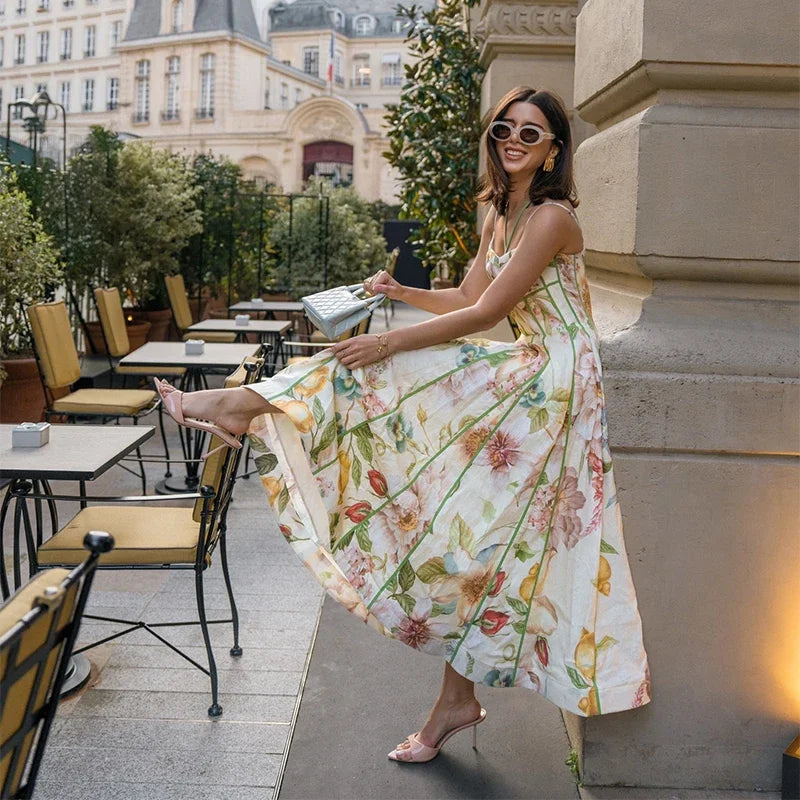 Women's Printed Sleeveless Sling Halter Maxi Dress - Waist Cinching A-line Style