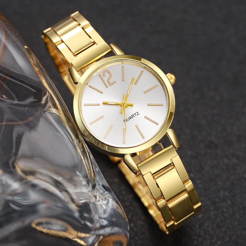 Women's Gold Steel Band Quartz Watch & Cuff Bracelet Set – 2PCS Fashion Wristwatch