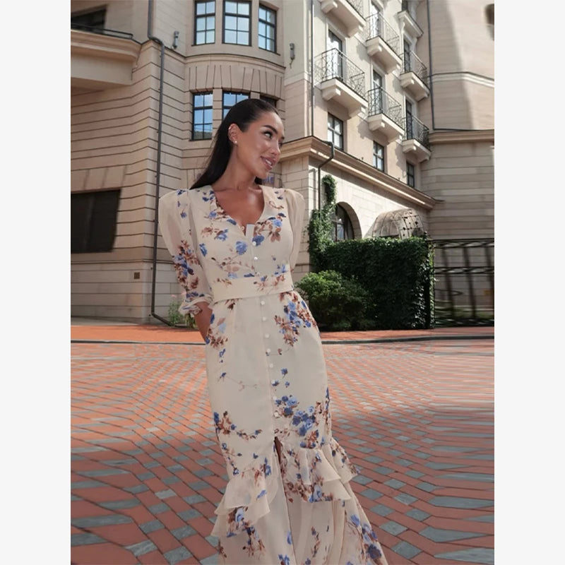 Women's Printed Gathered Swing Midi Dress - Spaghetti Strap High Waist