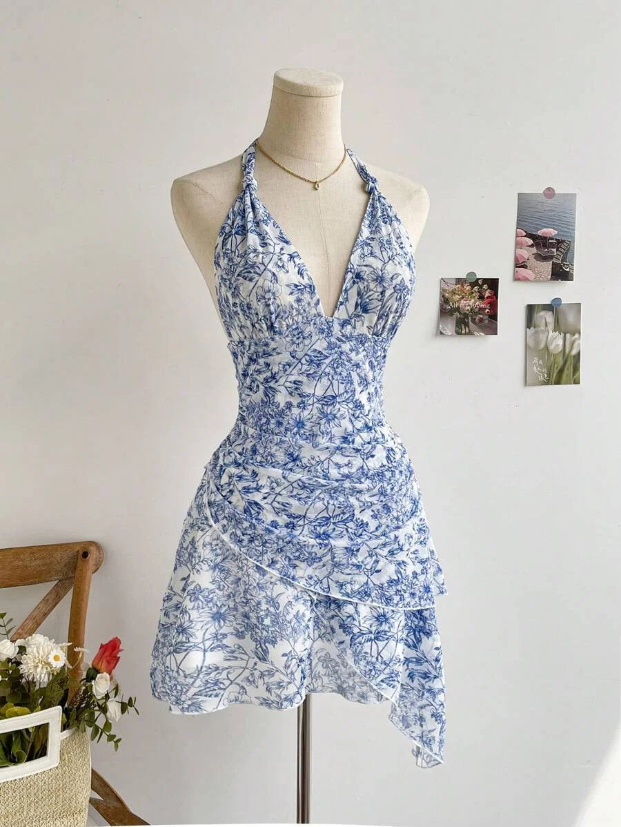 Women's Summer Blue Floral Mesh Dress - V Neck Elegant Slim Fit