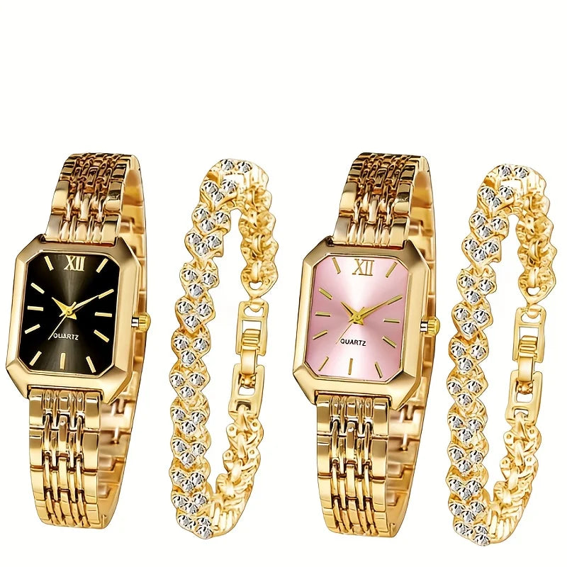 Elegant Rectangle Women's Quartz Watch & Heart Bracelet Set – 4PCS Ladies Wristwatch