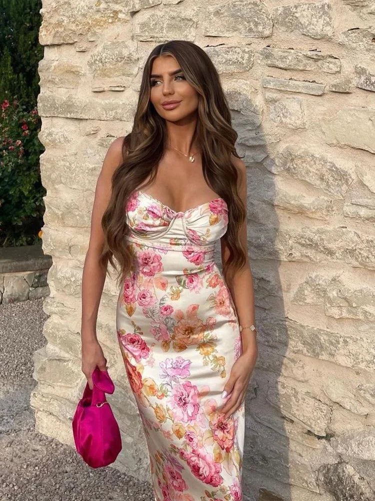 Women's Spaghetti Strap Floral Print Maxi Dress - Boat Neck Elegant Style