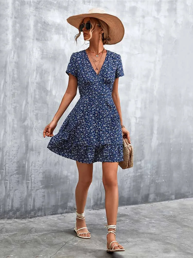 Boho Floral Print V-Neck Mini Dress