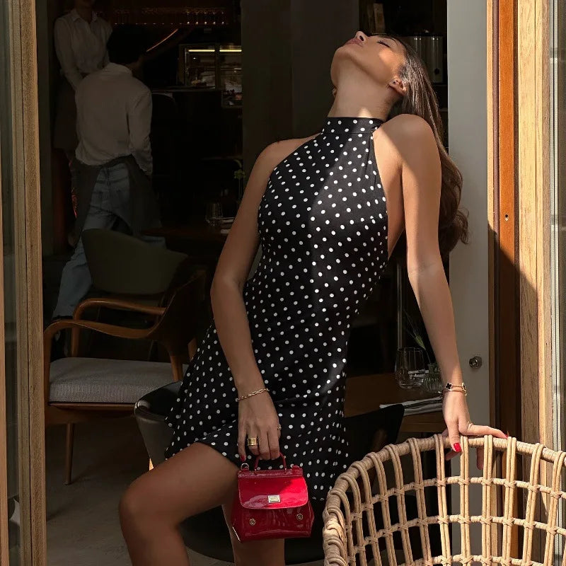 Polka Dot Off Shoulder Backless Halter Mini Dress