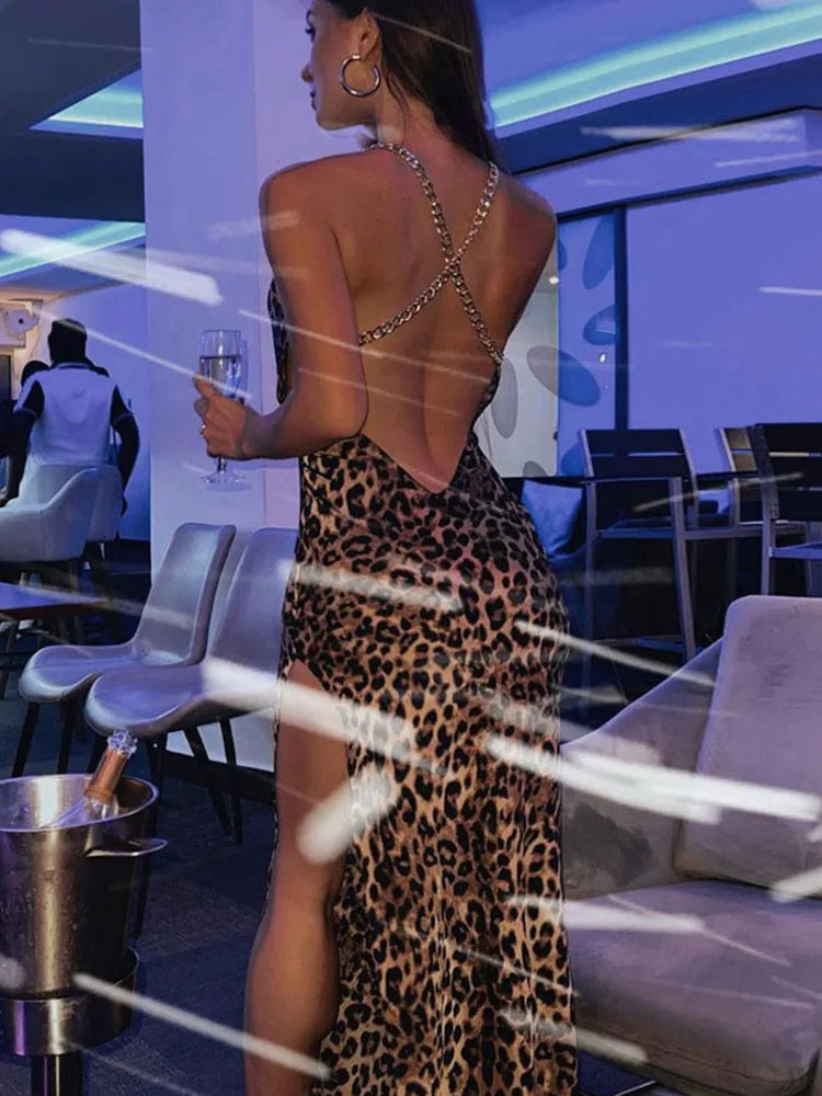 Leopard Print Chain Strap Maxi Dress
