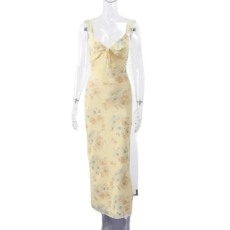 Women's Summer Flower Printed Backless Halter Maxi Dress - Low-cut Style